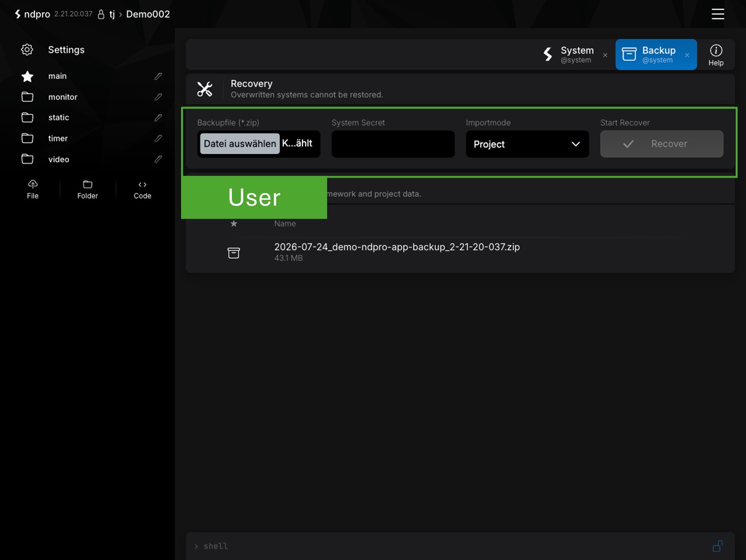 NDPro Backup- und Wiederherstellungsverwaltung mit Offline-Updatefunktion.