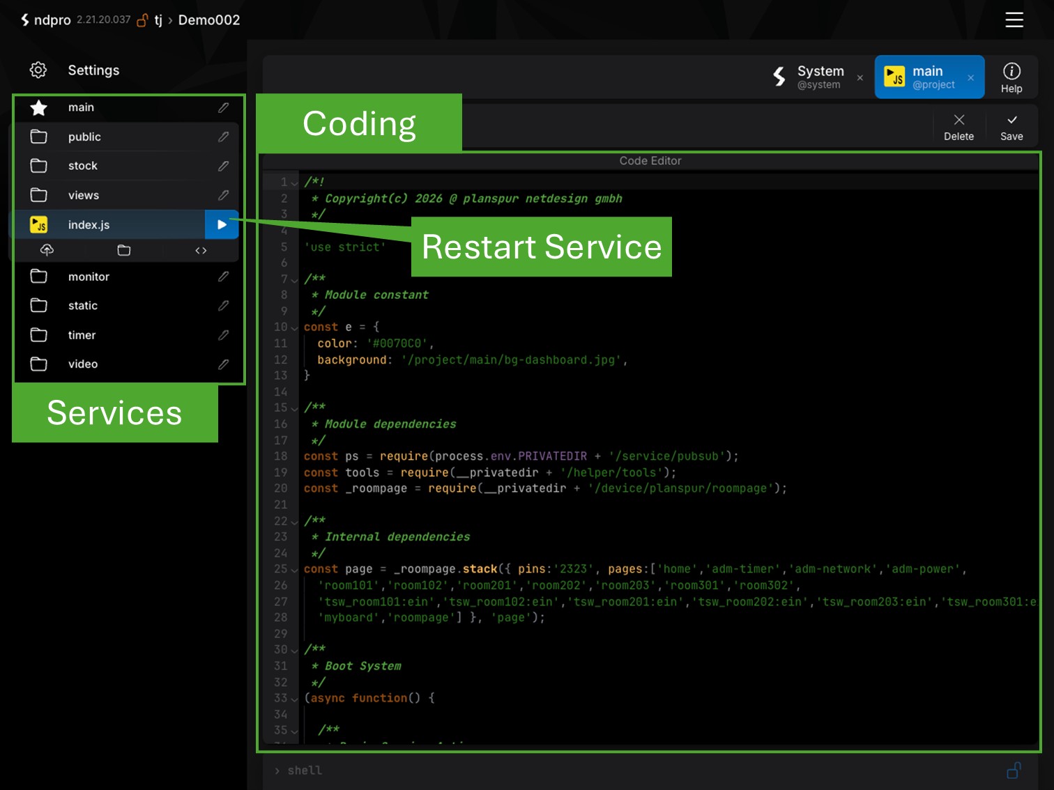 NDPro Entwicklungsumgebung für Node.js-Microservices und Geräteintegrationen.