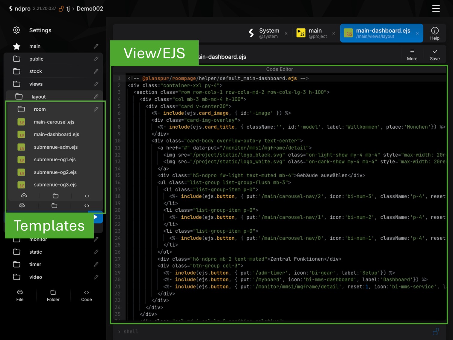 NDPro Editor zur Entwicklung individueller HTML5-Oberflächen mit EJS-Templates.