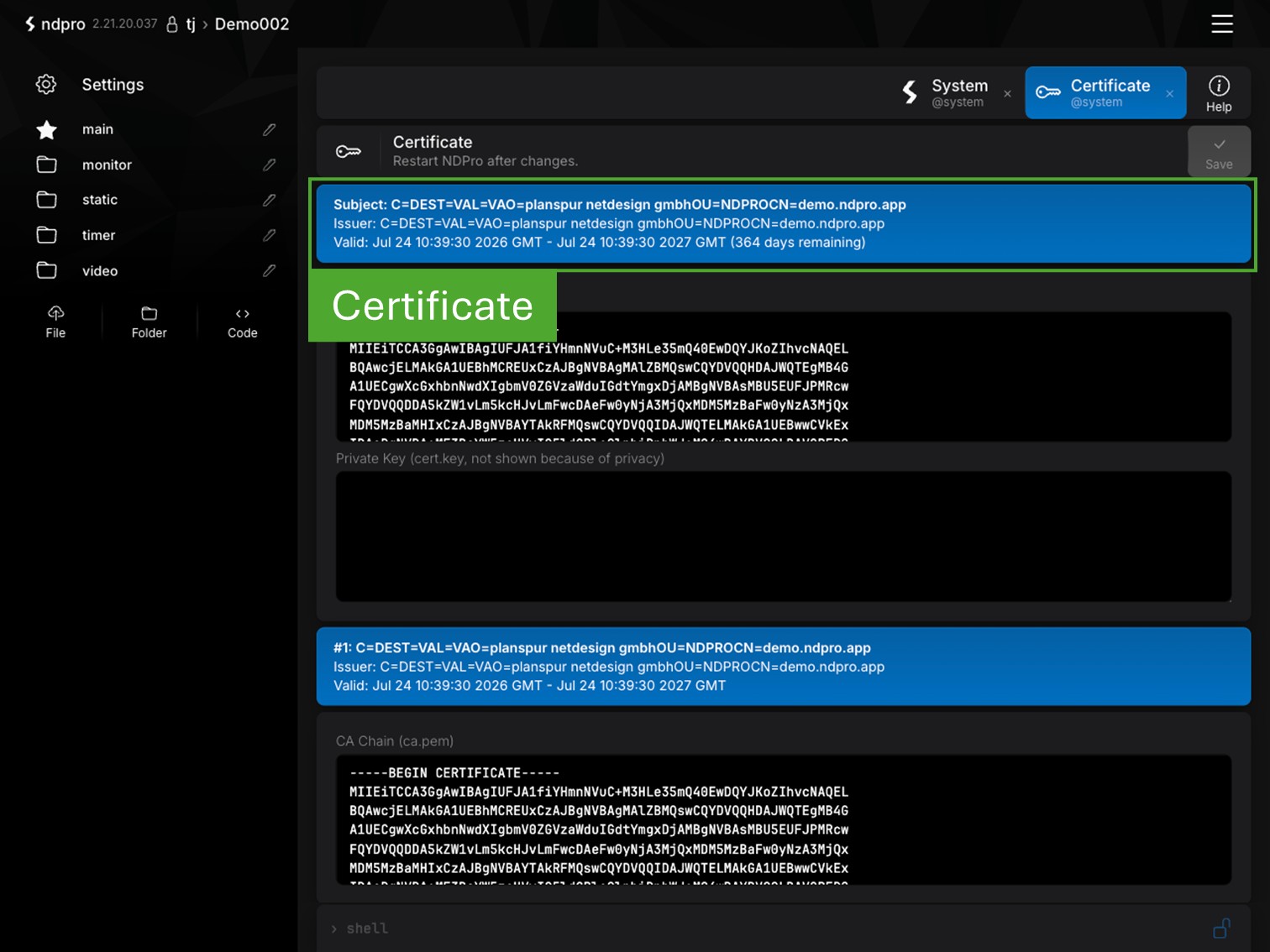 Verwaltung von TLS-Zertifikaten in NDPro für eine sichere HTTPS-Kommunikation.