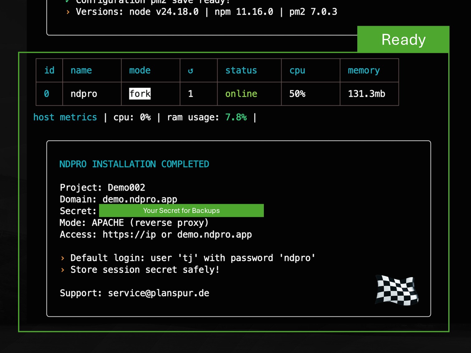 Abgeschlossene NDPro Installation mit System Secret und Zugriff über HTTPS oder Domain.