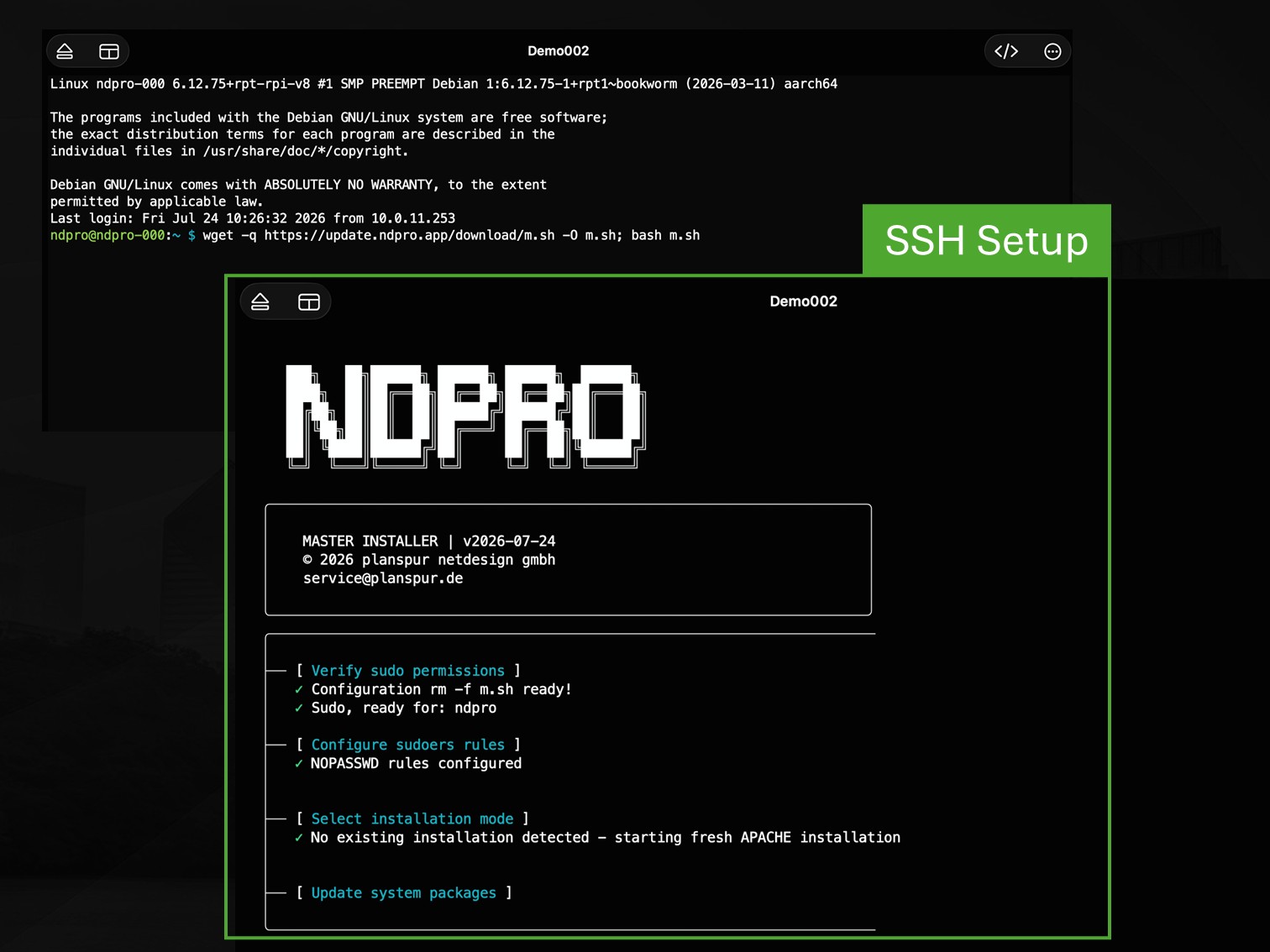 SSH-Installation von NDPro mit automatischer Systemprüfung und Installationsstart.