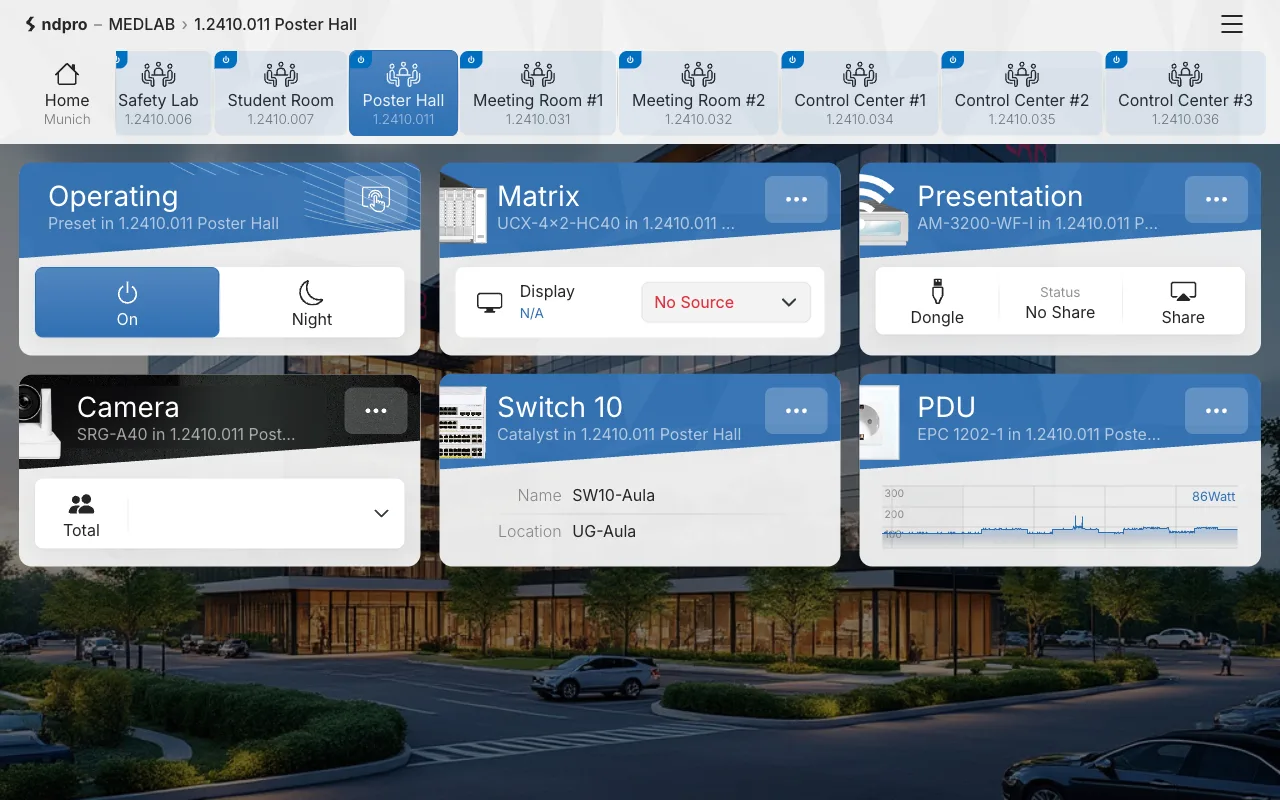 NDPro Administration mit Raum-Preset und Display-Steuerung