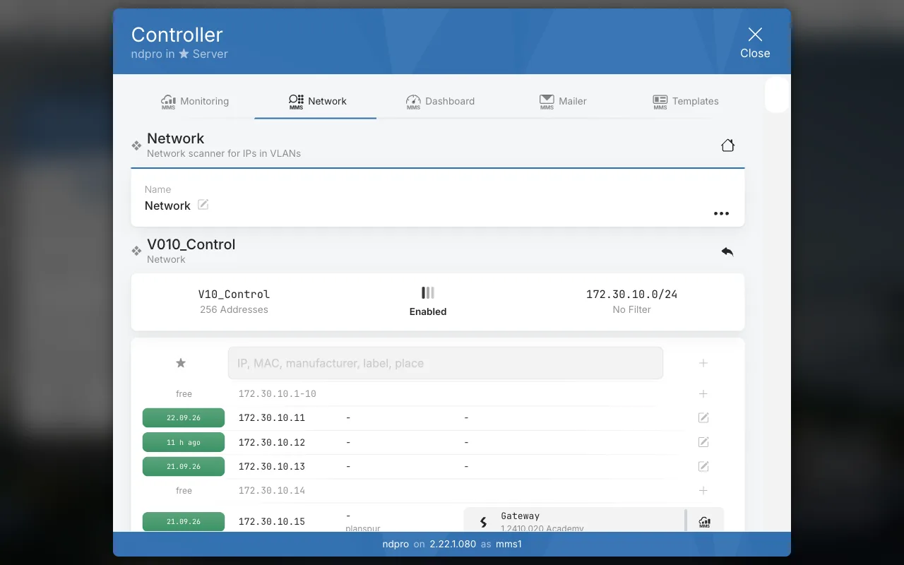 NDPro Netzwerkscanner mit Adressen eines VLANs